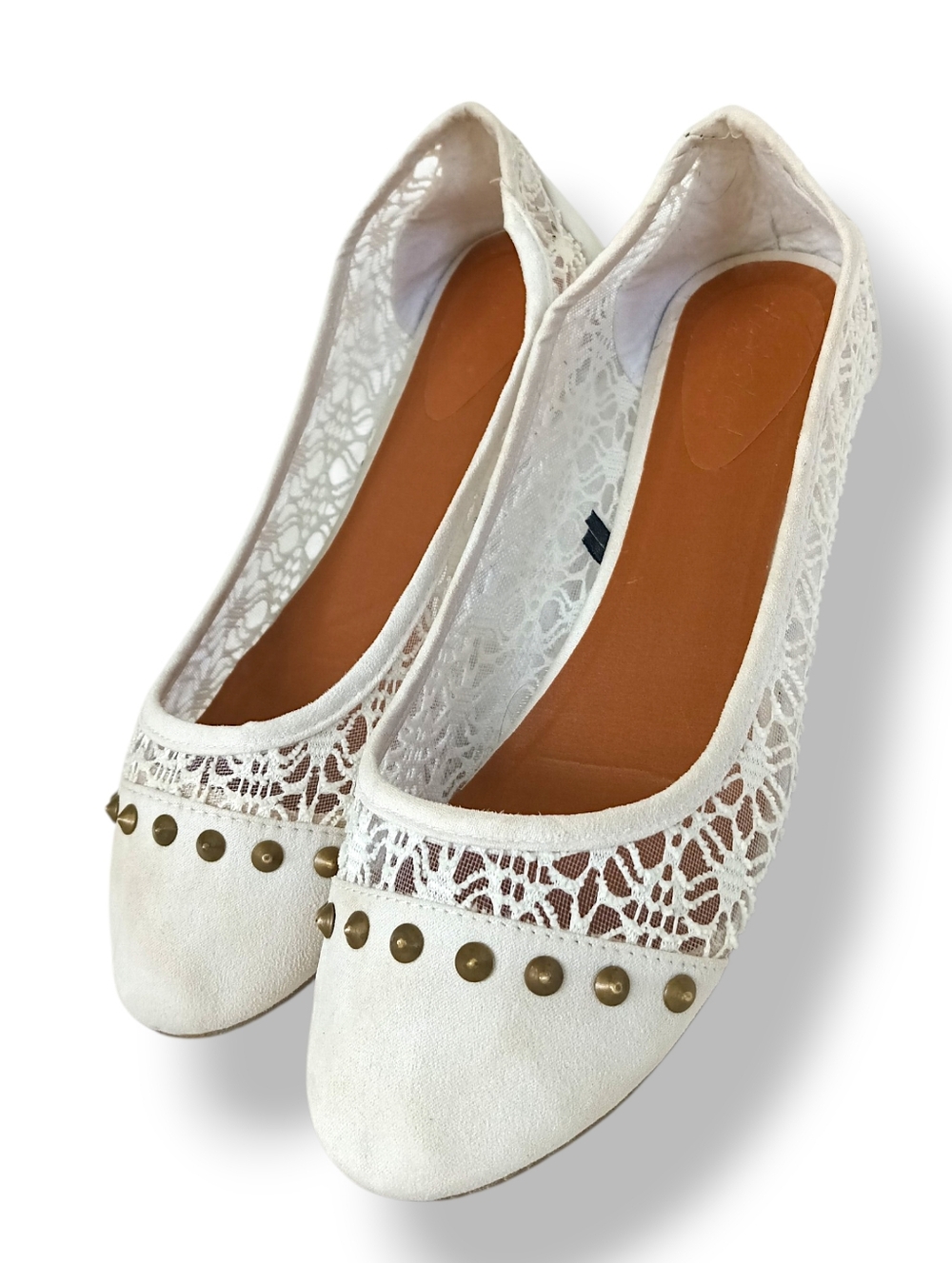 Twisted Cream Lace Ballet Flats Brass Studs Flat Round Toe Femme Elegant Bridal